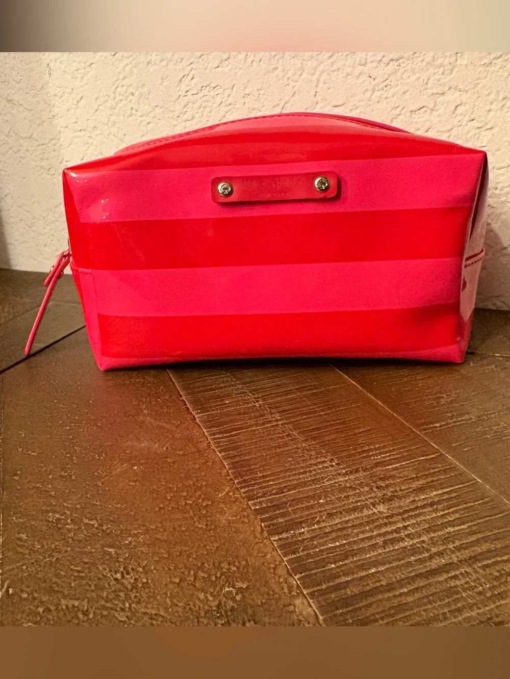 Kate Spade Bon Shopper Pink Stripe Cosmetic Case Makeup Bag Travel Pouch